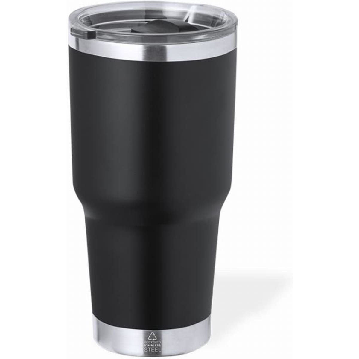 A drink bottle with a black matte finish and a stainless steel base. It features a clear lid and has a logo.