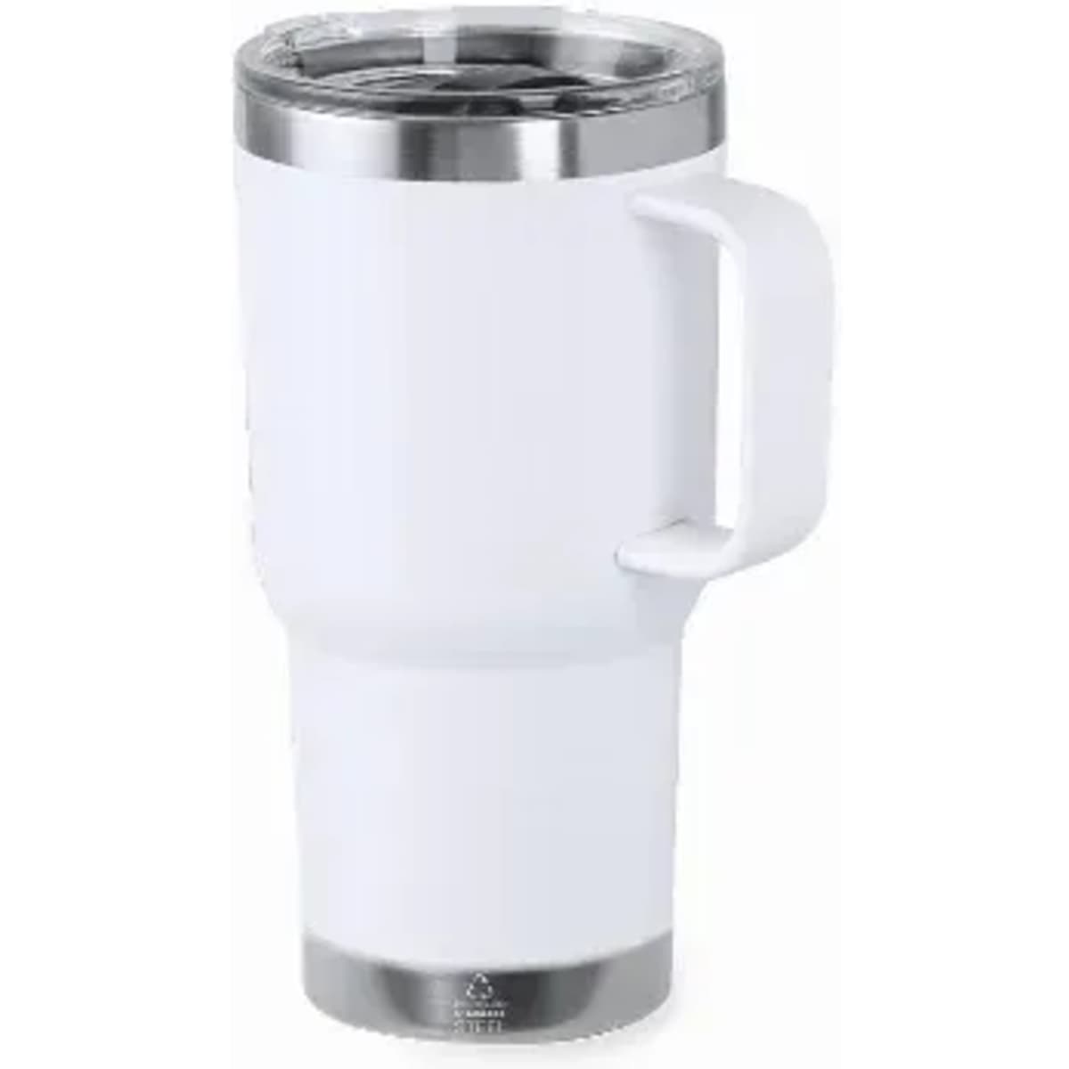 A drink bottle with a white exterior, silver accents, and a handle, featuring a transparent lid.