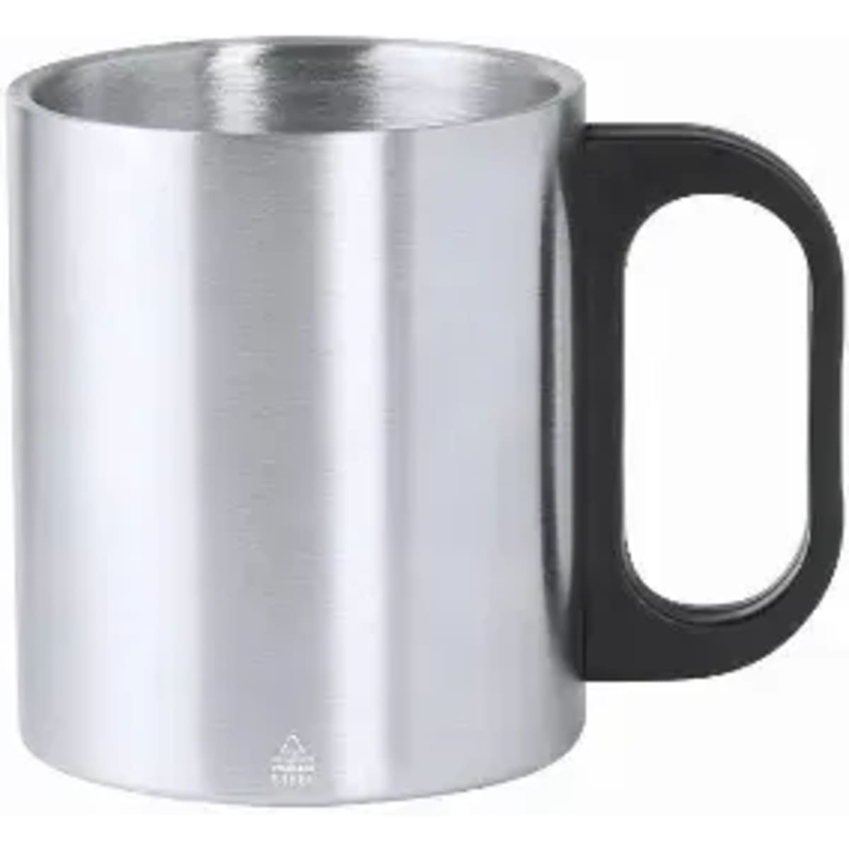 A drink bottle with a sleek stainless steel body and a black handle. It features a simple, modern design.