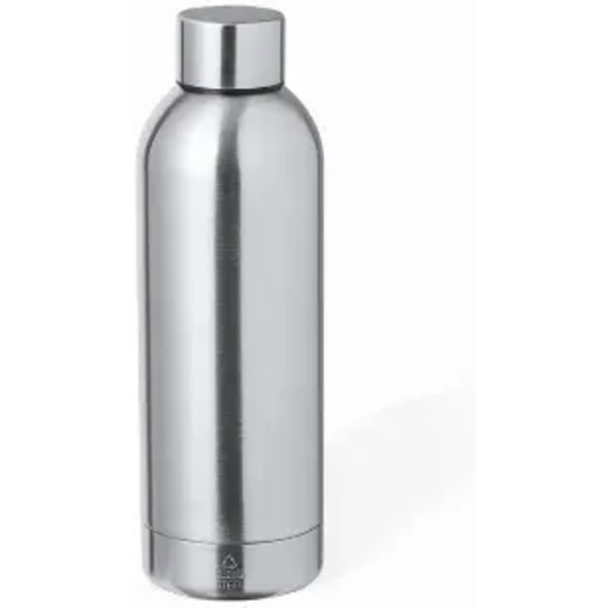 A drink bottle made of stainless steel with a sleek, silver finish and a round, screw-on lid.