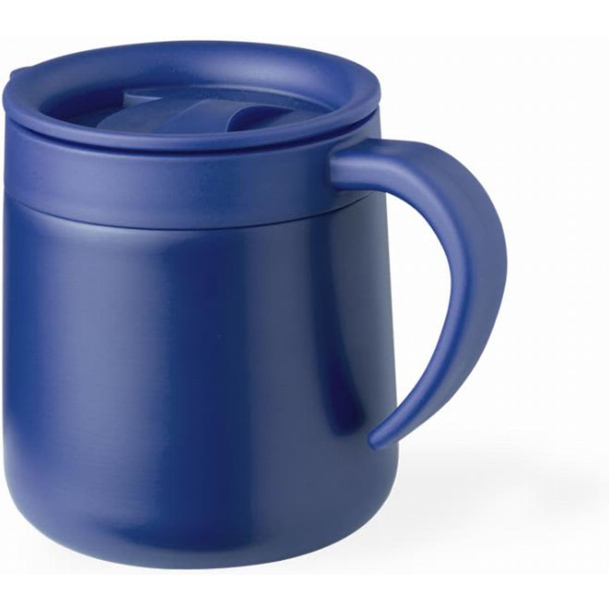 A drink bottle featuring a navy blue exterior and a handle, with a lid designed for easy sipping.