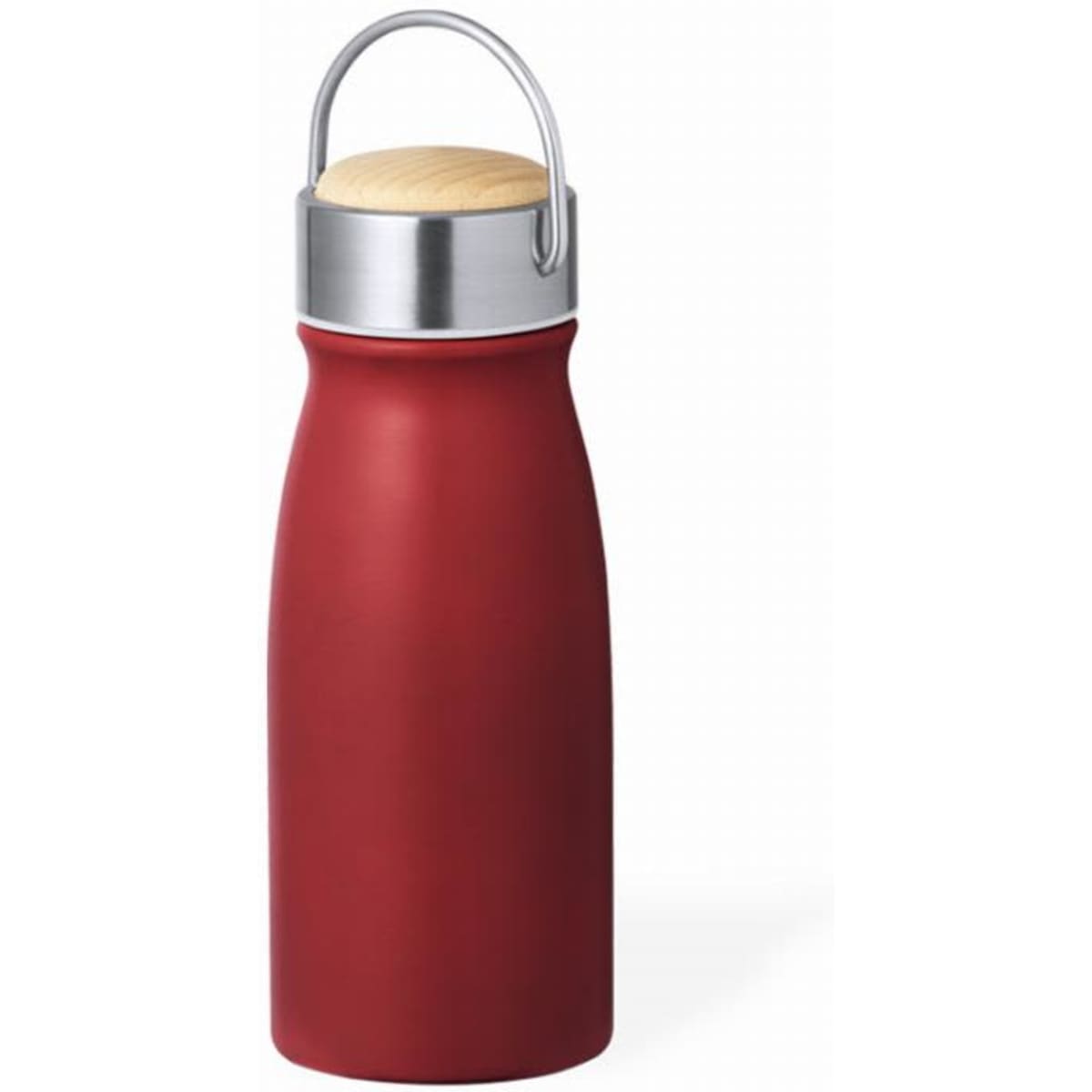 A drink bottle in a deep red finish with a stainless steel lid and a wooden accent. It features a carrying handle.