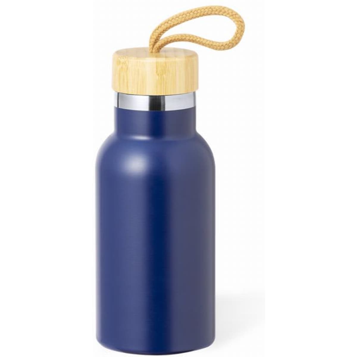 A drink bottle in navy blue with a bamboo lid and a matching rope handle.