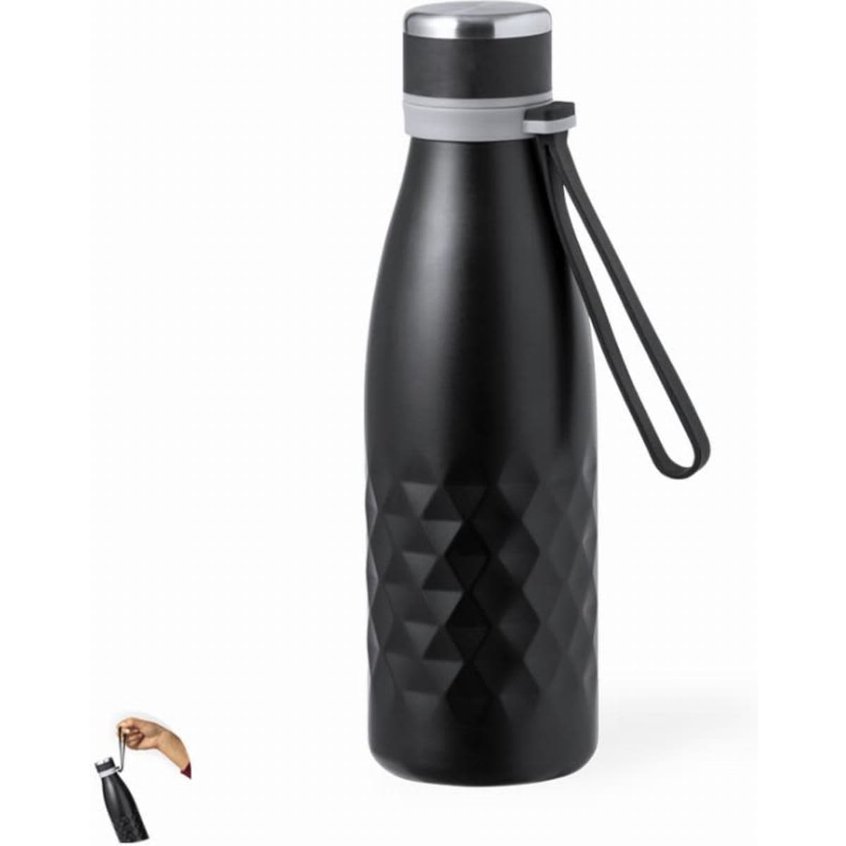 A drink bottle in matte black with a textured diamond pattern, featuring a silver lid and a carry strap.