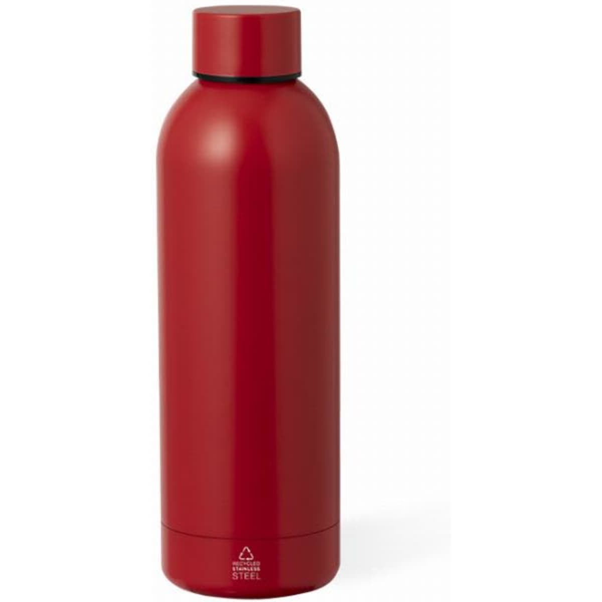 A drink bottle in a bright red colour with a sleek, stainless steel design and a screw-top lid.
