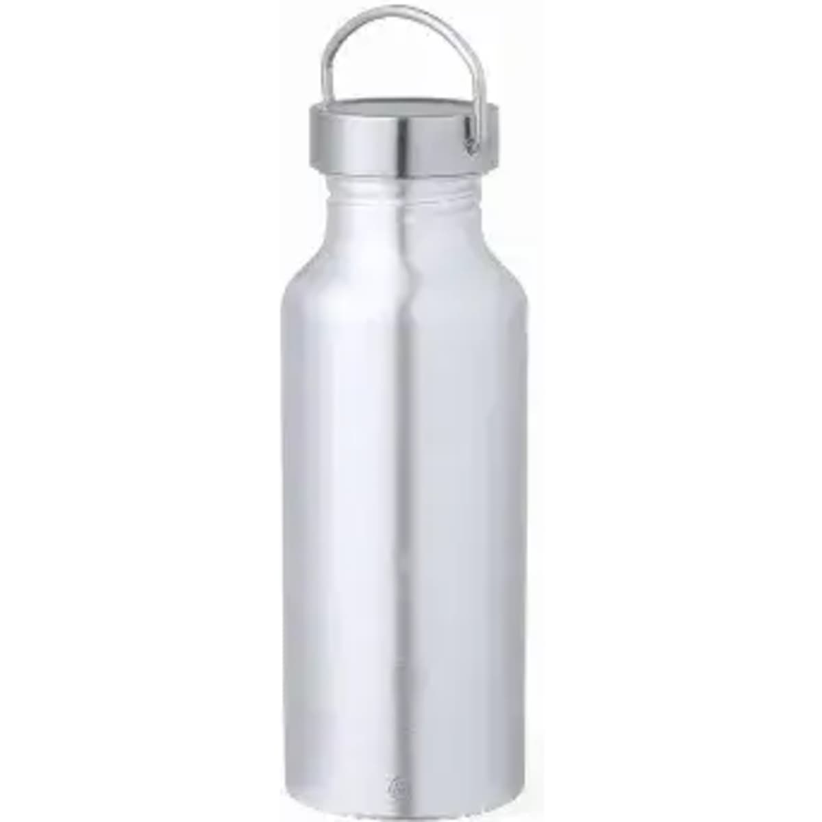 A drink bottle in shiny silver with a metal lid and a handle for easy carrying.