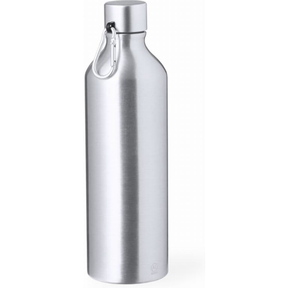 A drink bottle in sleek metallic silver with a silver cap and a clip for easy attachment.