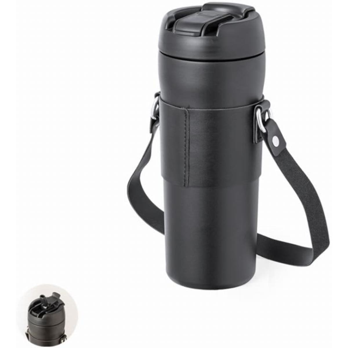 A drink bottle in black with a secure lid and a detachable strap. It features a sleek design and a logo.