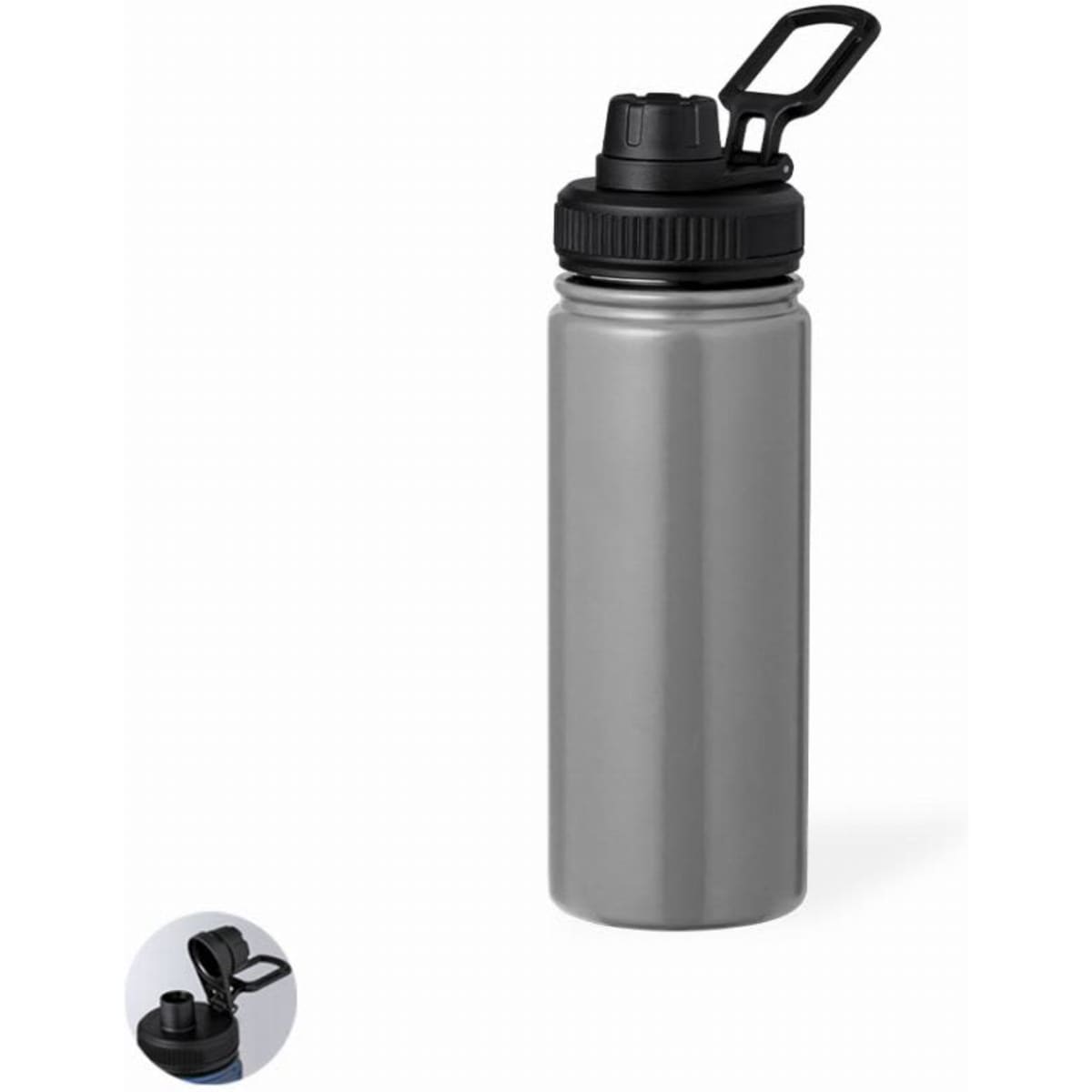 A drink bottle in silver with a black lid and a spout, featuring a detachable handle and a logo.