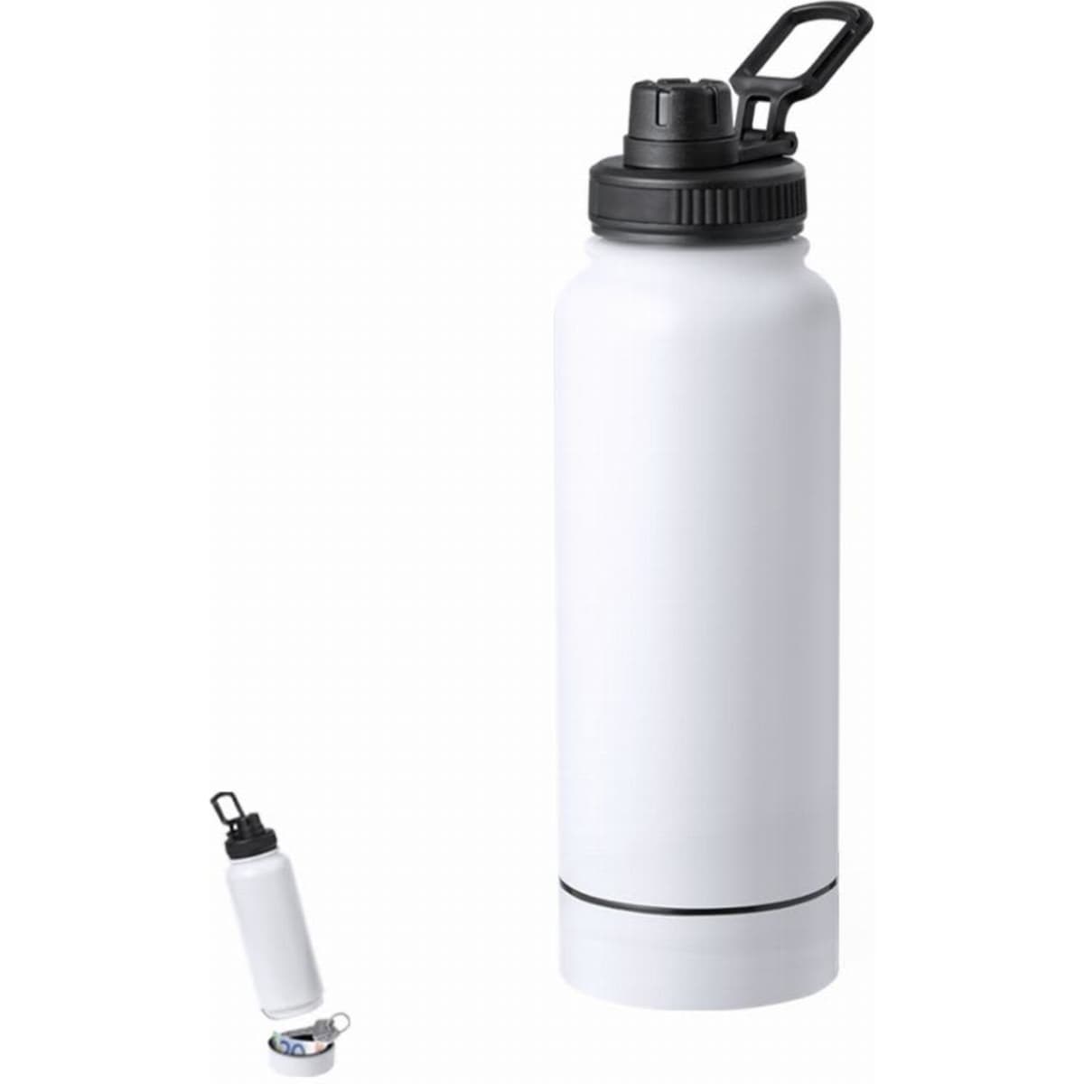 A drink bottle featuring a white body and a black lid, with a black carry handle and a removable base.