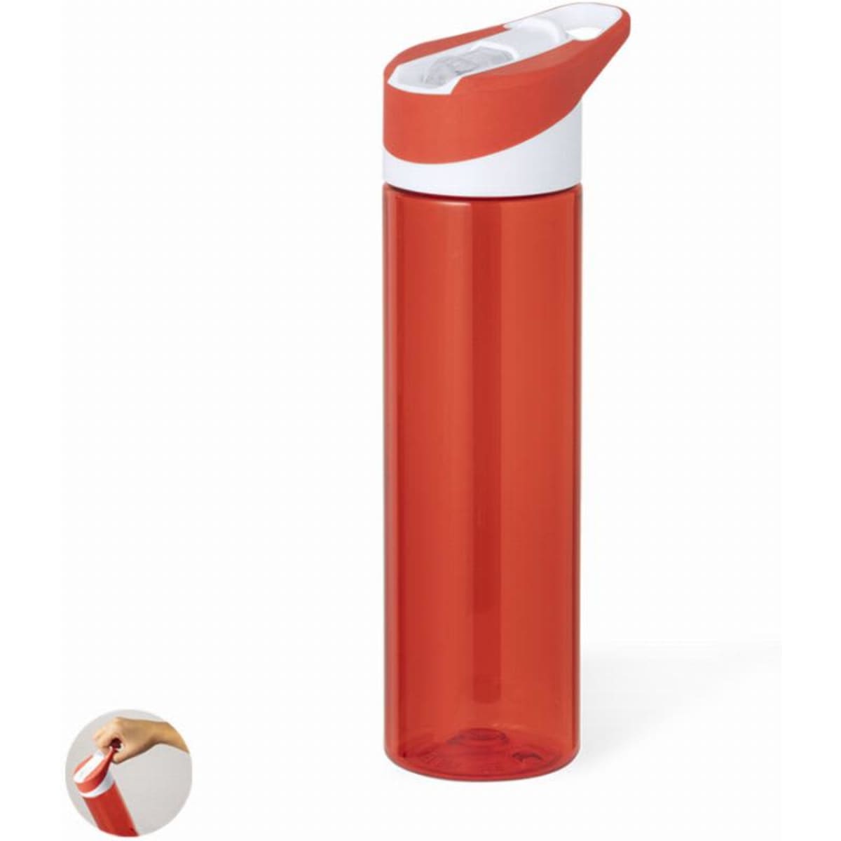 A drink bottle in transparent red with a white lid and a built-in straw. Features a logo on the side.
