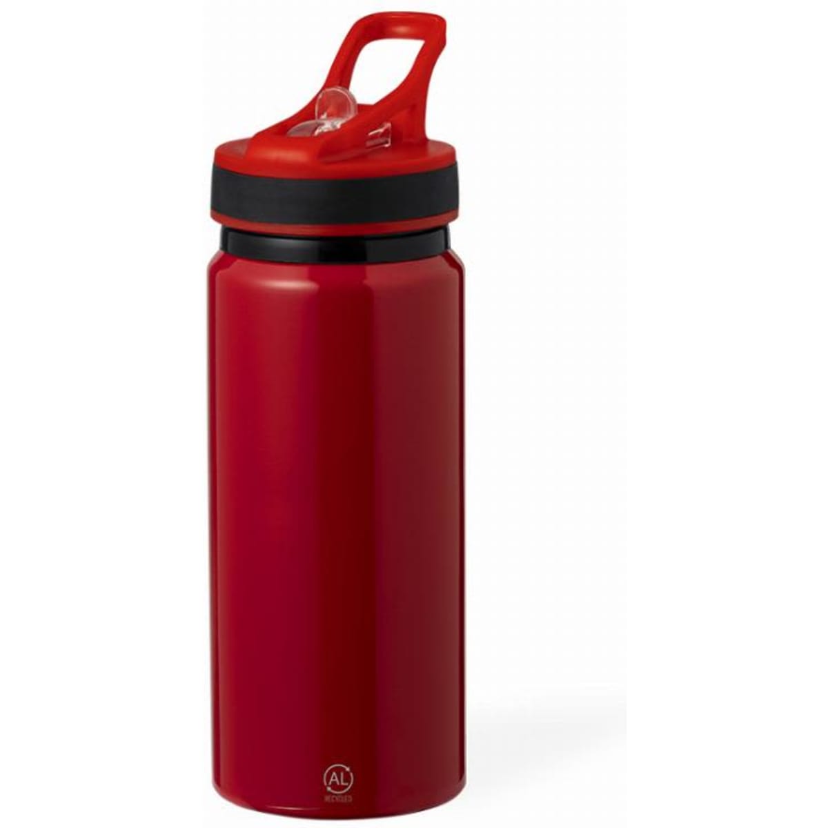 A drink bottle in vibrant red with a black lid and a handle, featuring a logo on the side.