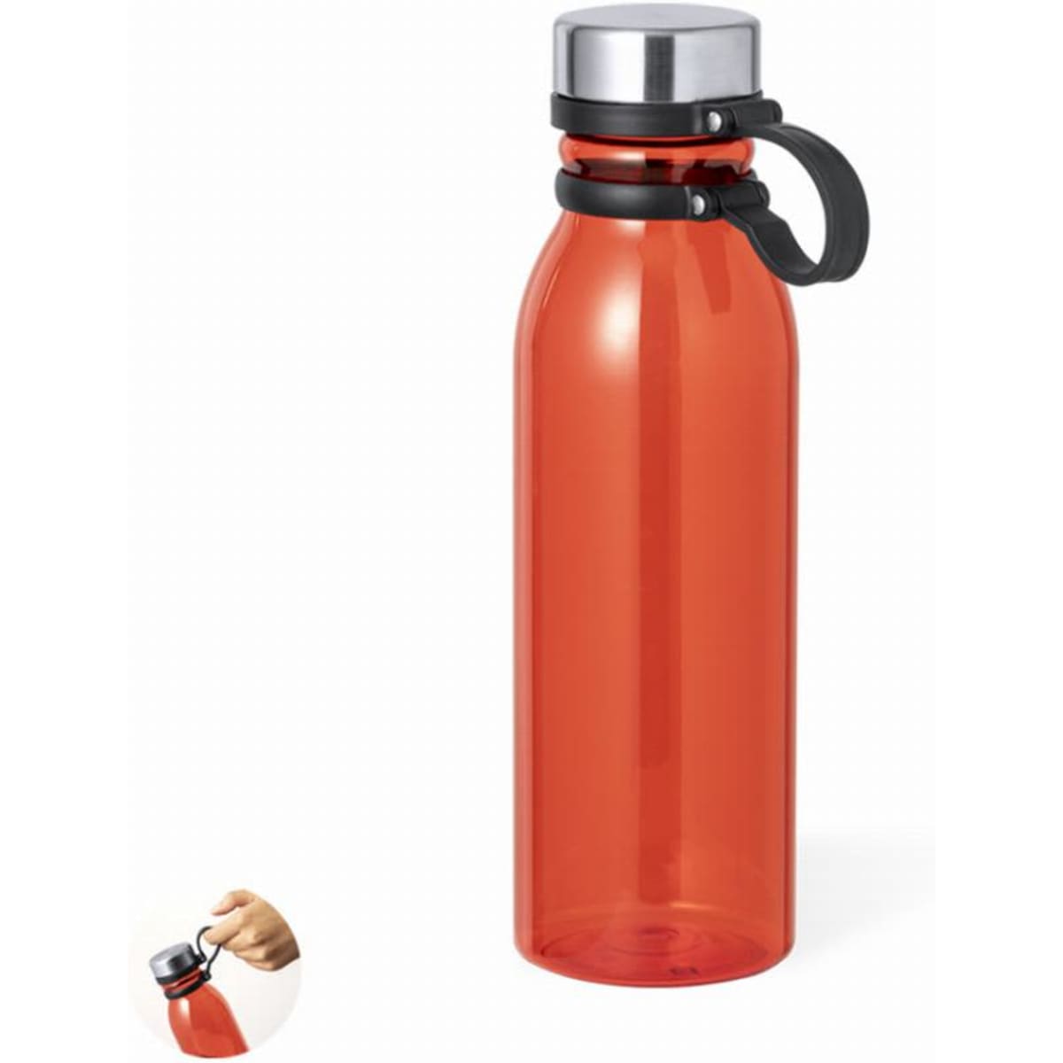 A drink bottle in vibrant red with a silver cap and black accents, featuring a handle for easy carrying.