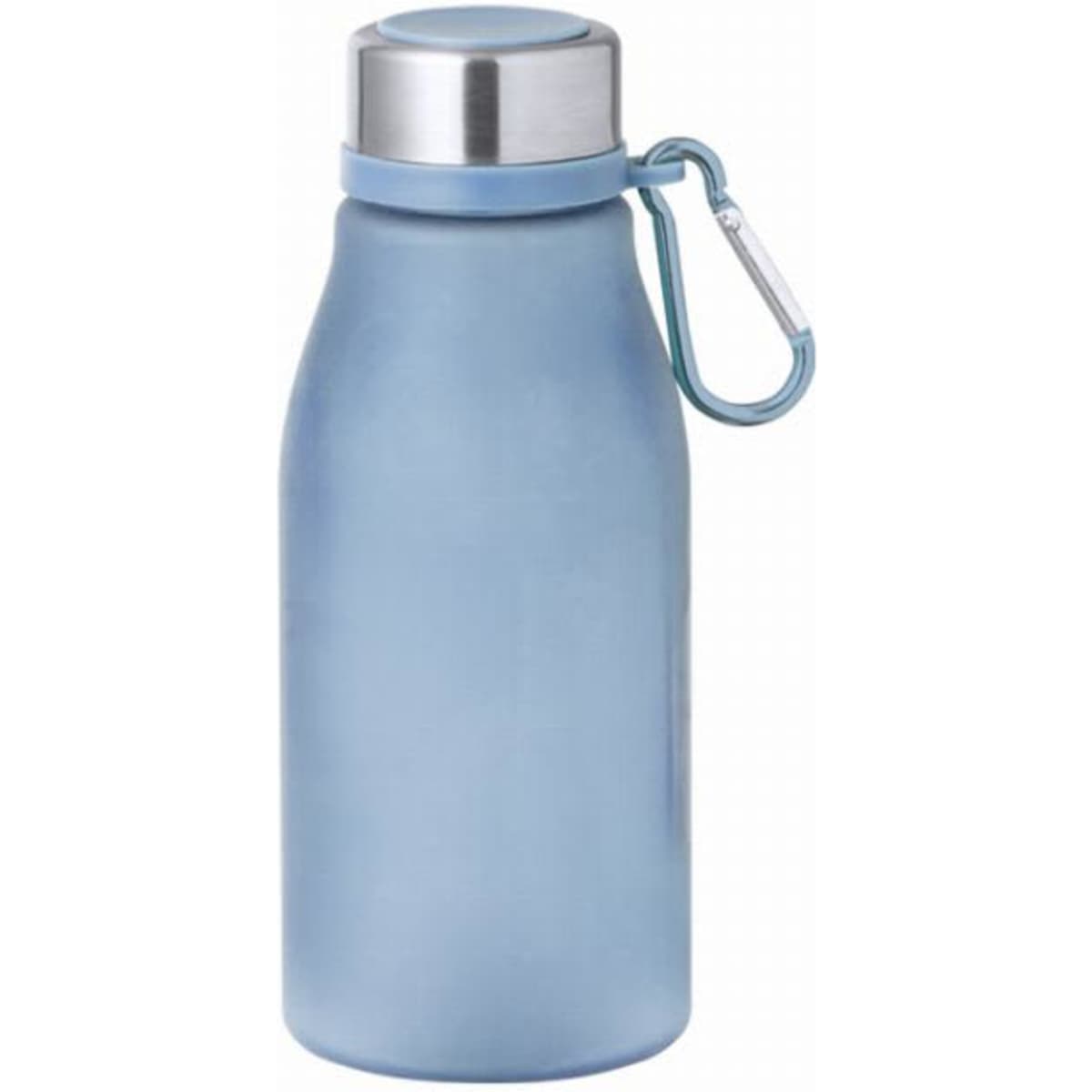 A drink bottle in a matte light blue finish with a stainless steel lid and a small carabiner attached.