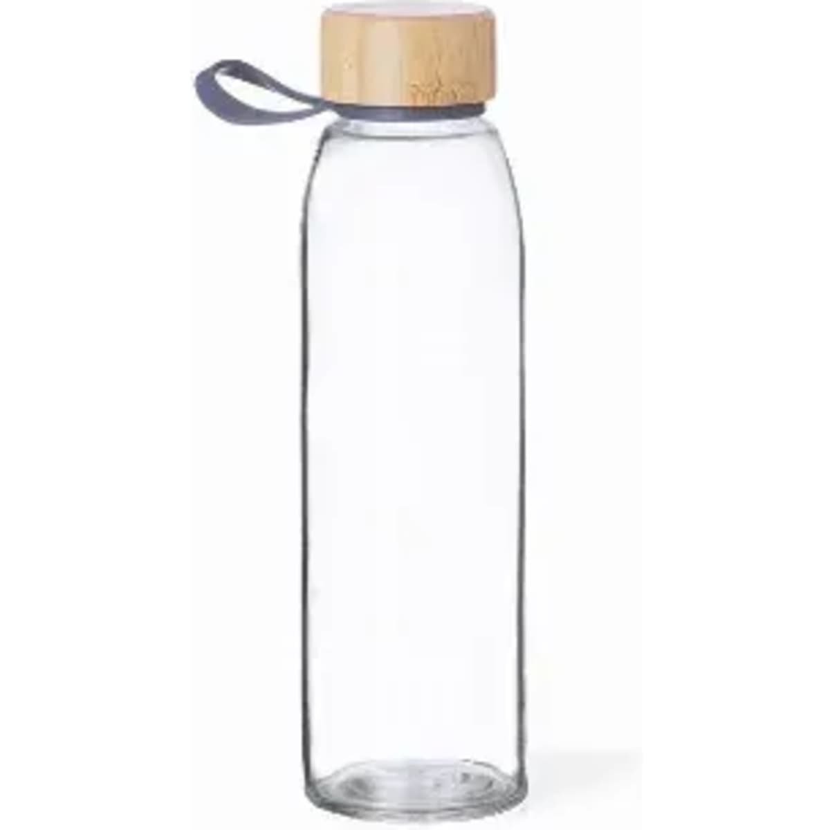 A drink bottle made of clear glass with a wooden lid and a grey strap. It has a sleek, minimalist design.