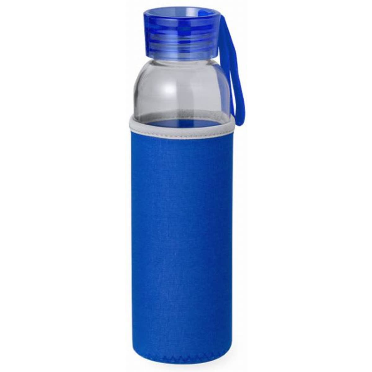 A drink bottle with a clear body and a blue neoprene sleeve, featuring a blue lid and carrying strap.