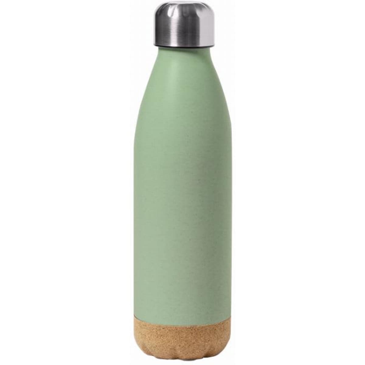 A drink bottle in a green finish with a cork base and a stainless steel cap. It features a logo.
