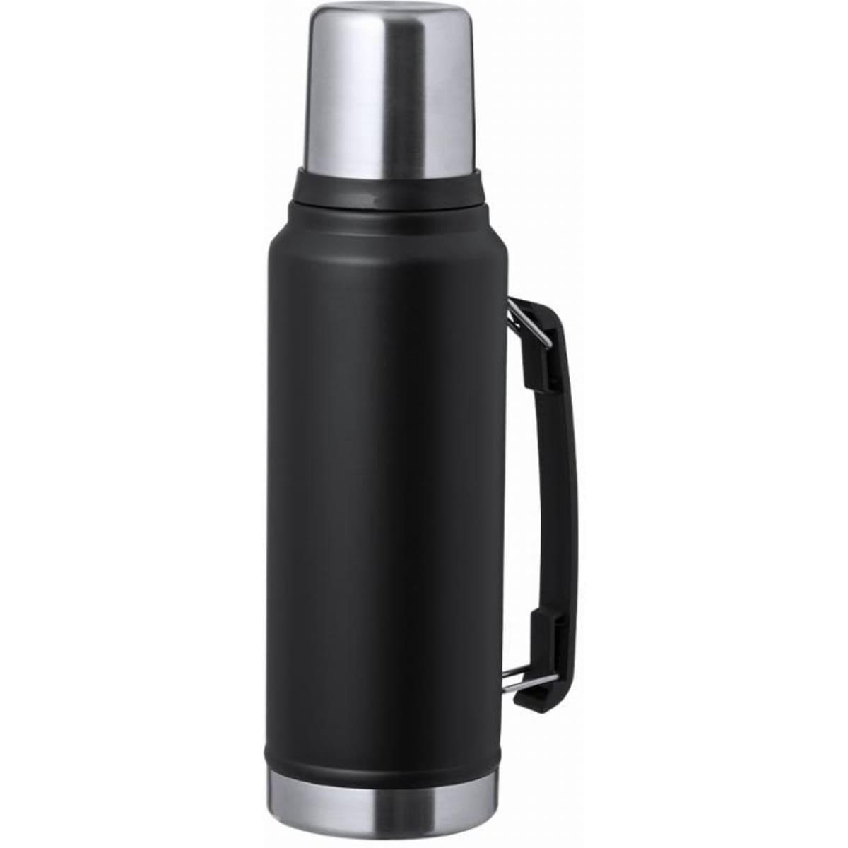 A drink bottle with a matte black finish and a stainless steel top, featuring a side handle for easy carrying.