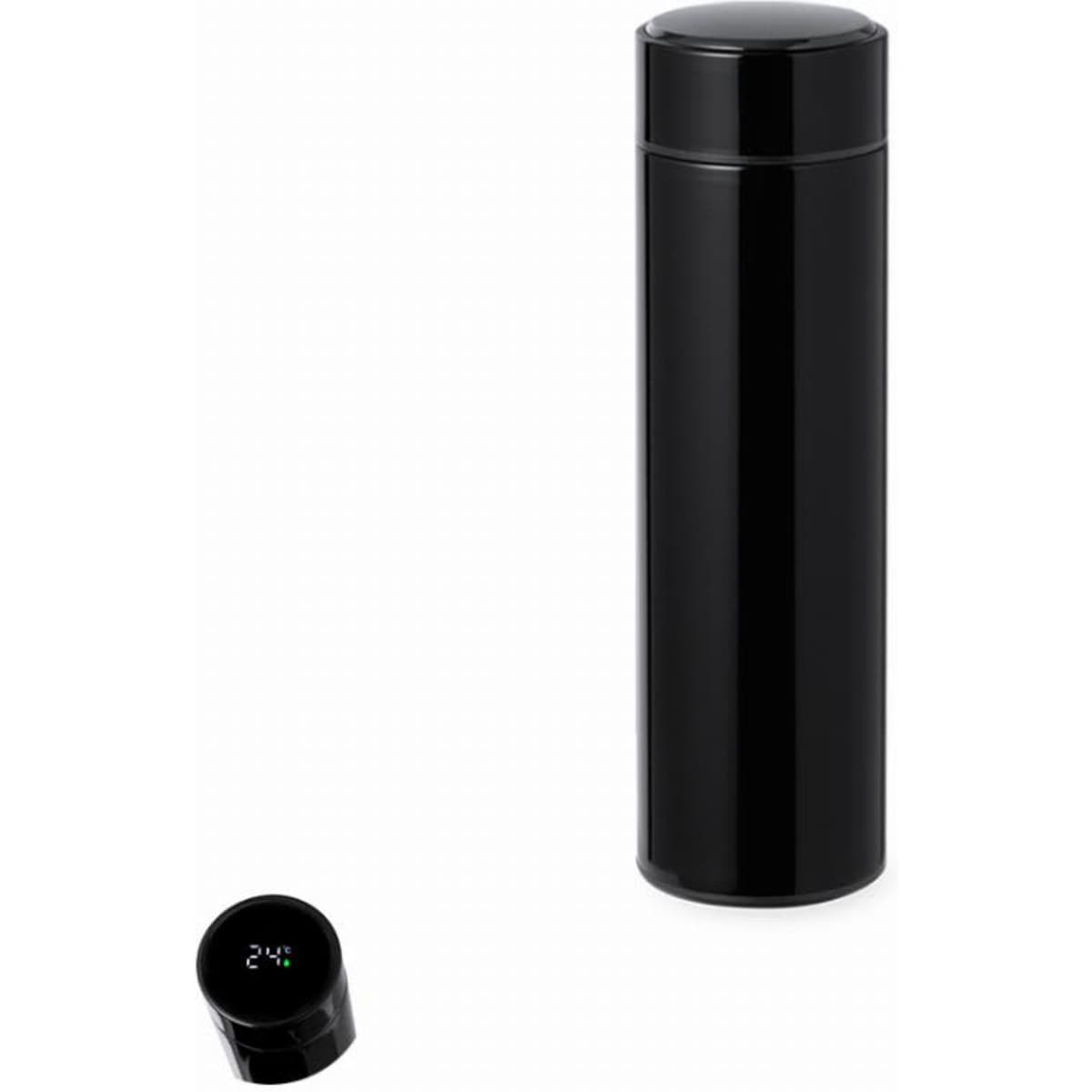 A drink bottle in sleek black with a digital temperature display on the lid and a simple branding logo.