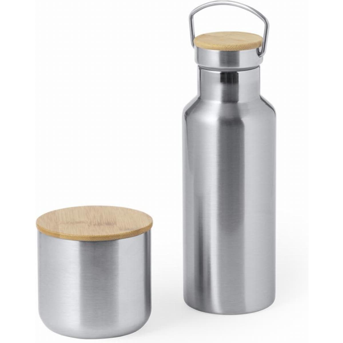 A silver drink bottle and a matching silver container, both with wooden lids. The drink bottle has a handle.
