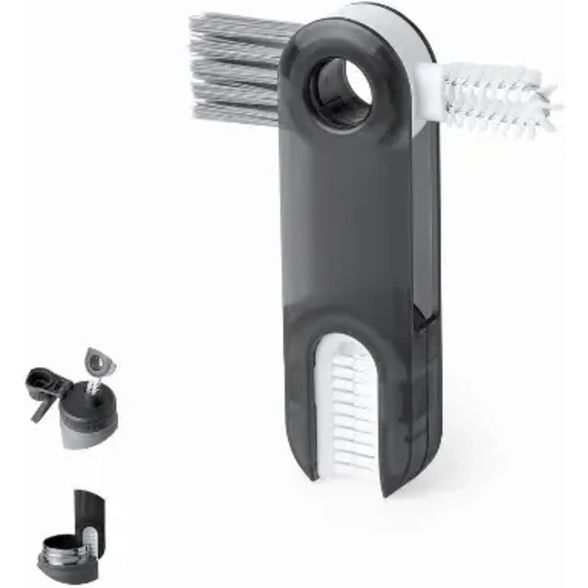 A cleaning tool with multiple brushes, featuring a grey and white design, and a compact holder.