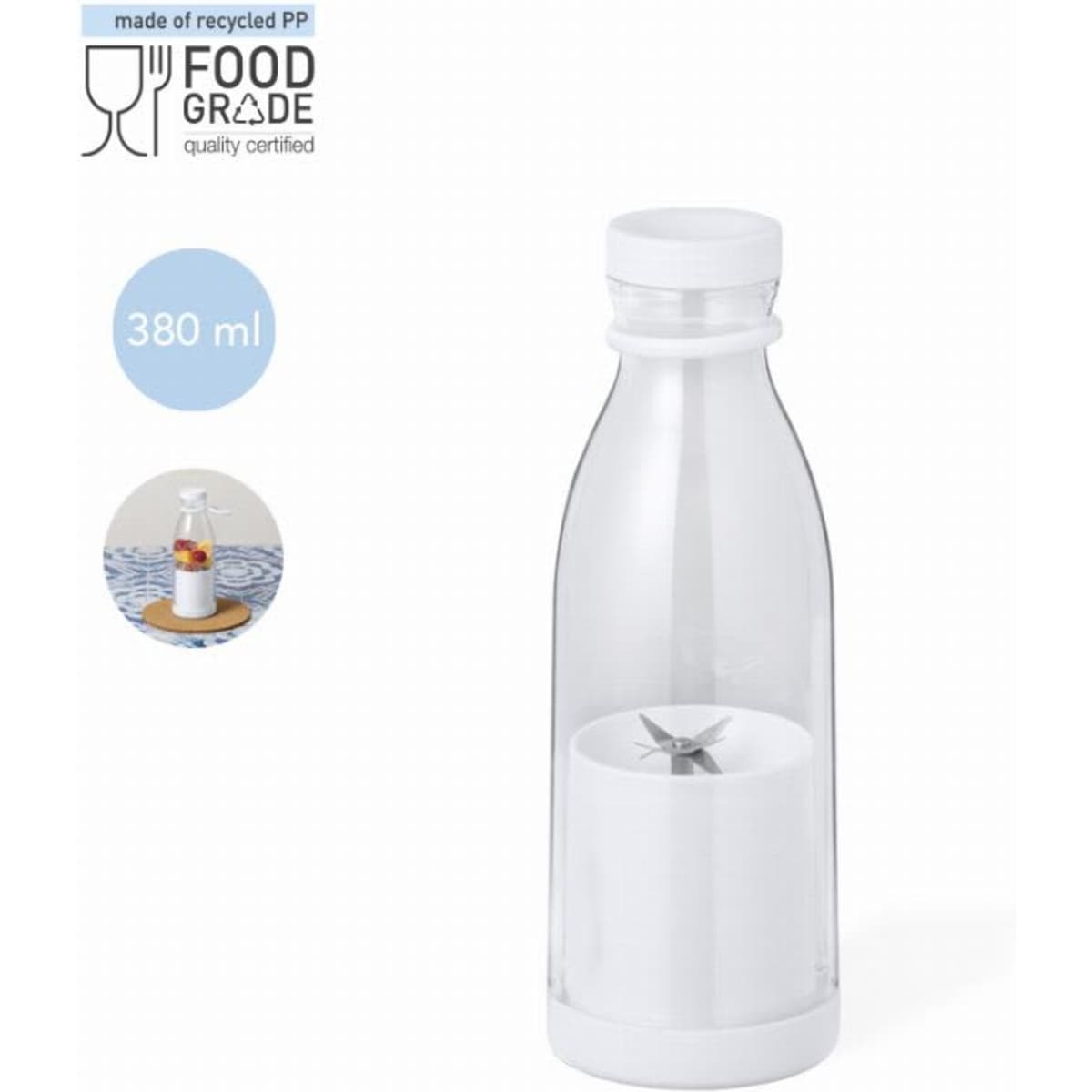 A drink bottle with a transparent body and white base, featuring a built-in juicer and a logo. Holds 380 ml.