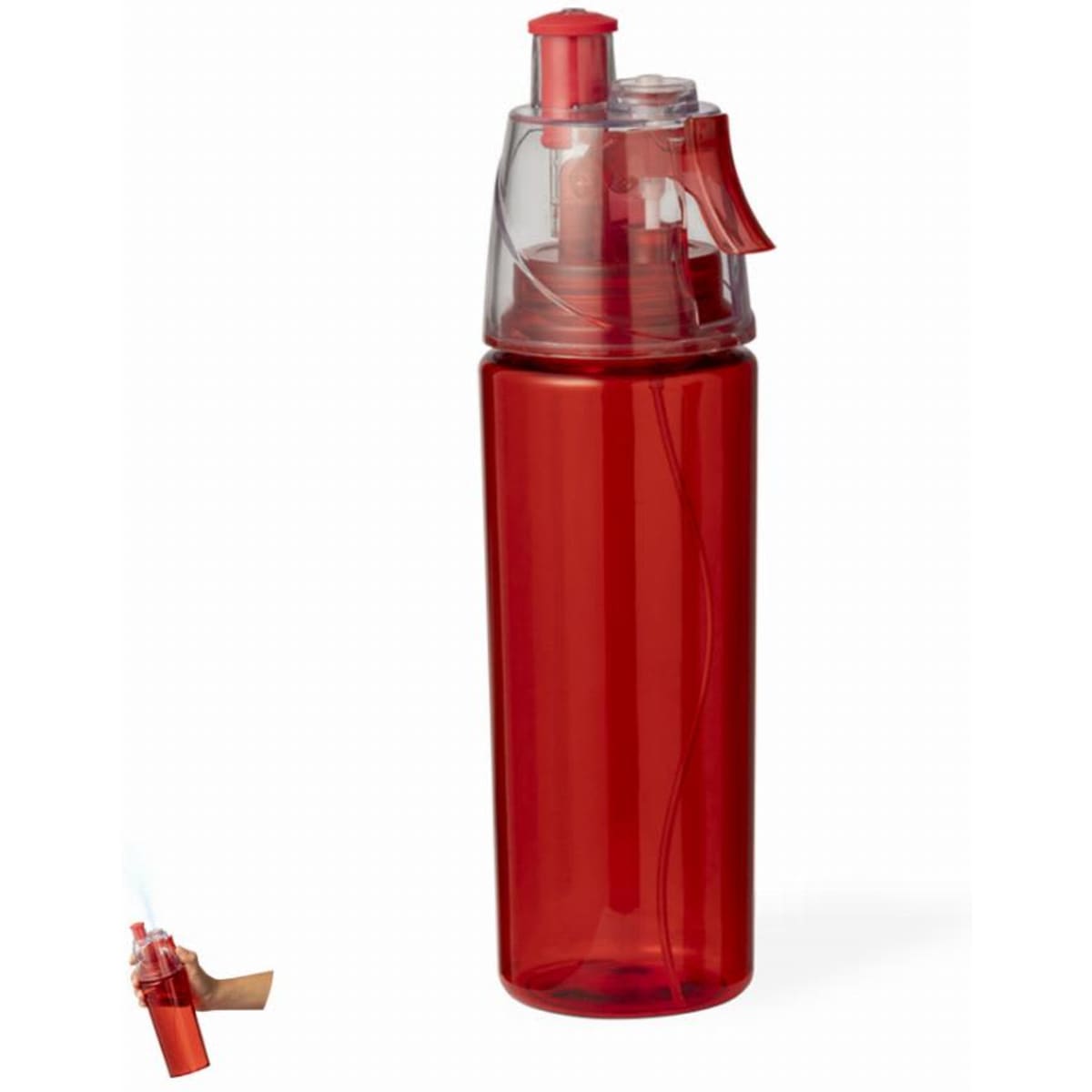 A drink bottle in transparent red with a clear top and a spray nozzle. It features a logo on the side.