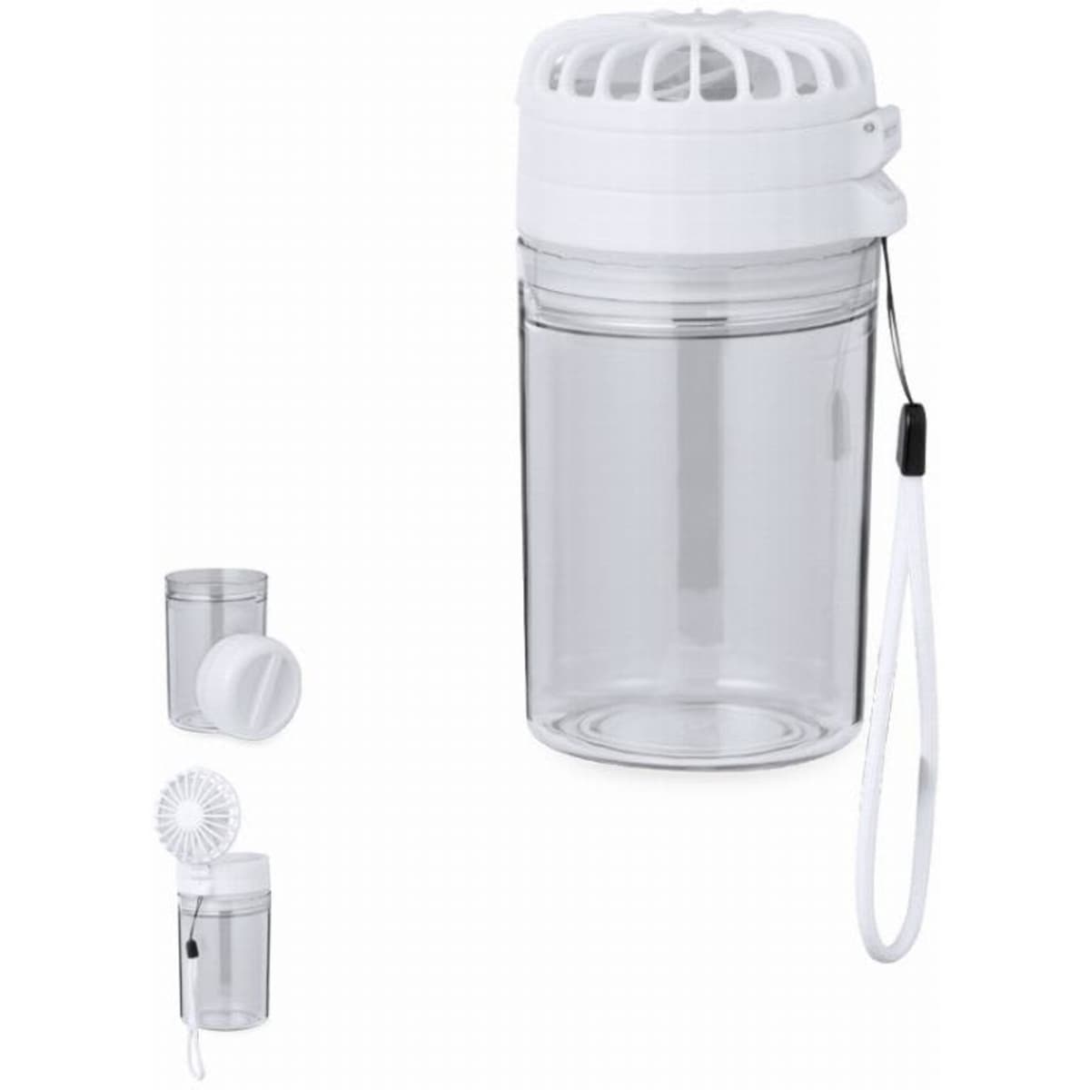 A drink bottle with a clear body, white top, and a detachable fan. It includes a wrist strap for easy carrying.