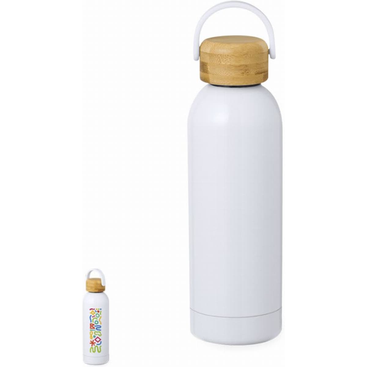 A drink bottle in white with a bamboo lid and a small bottle beside it. The larger bottle features a logo.