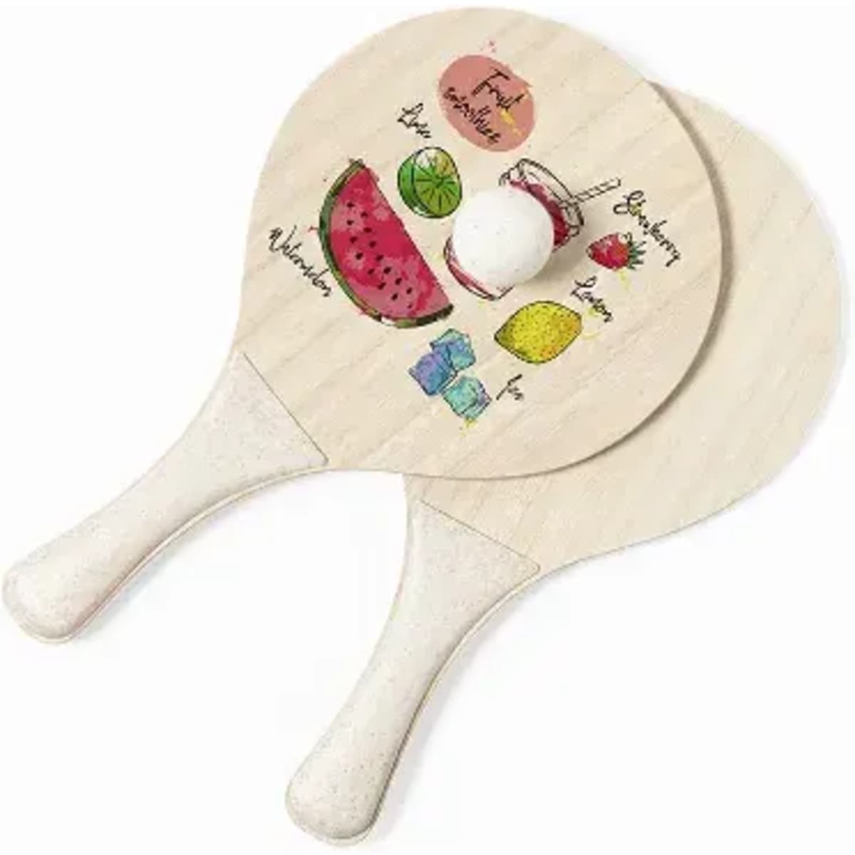 A pair of wooden paddles featuring colourful fruit illustrations and a white ball. One paddle has a logo.