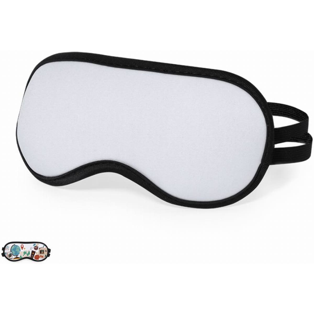 A sleep mask in white with a black strap, featuring a smooth surface and a contoured shape. It has a logo on the bottom.