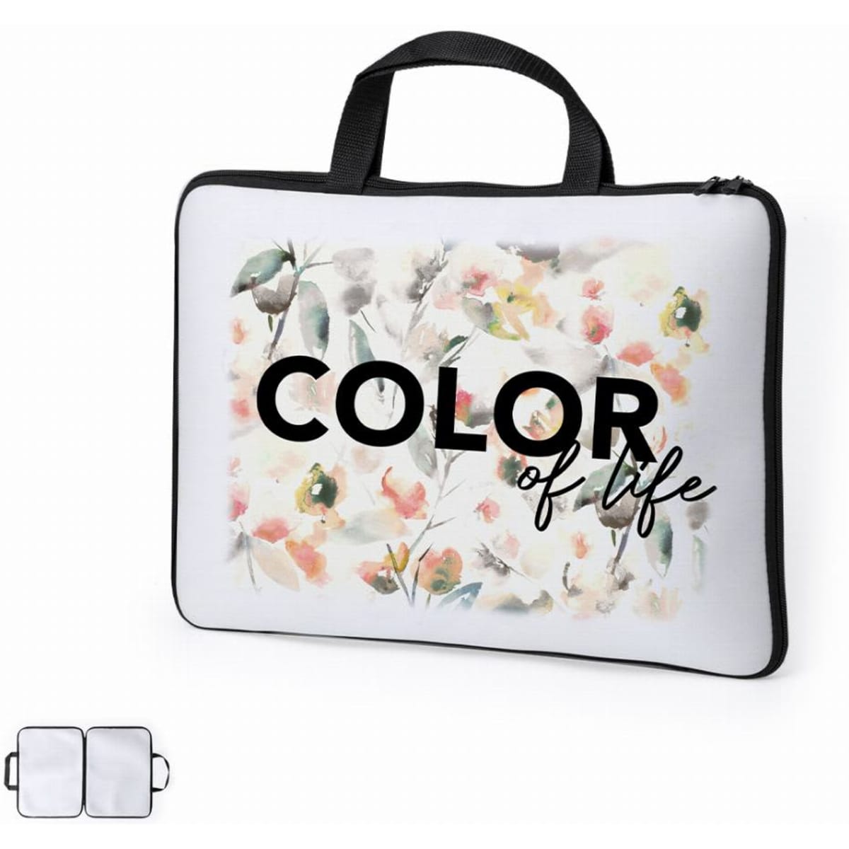 A laptop sleeve featuring a floral design in soft colours with a black zip and handle, displaying the phrase "COLOR of life."
