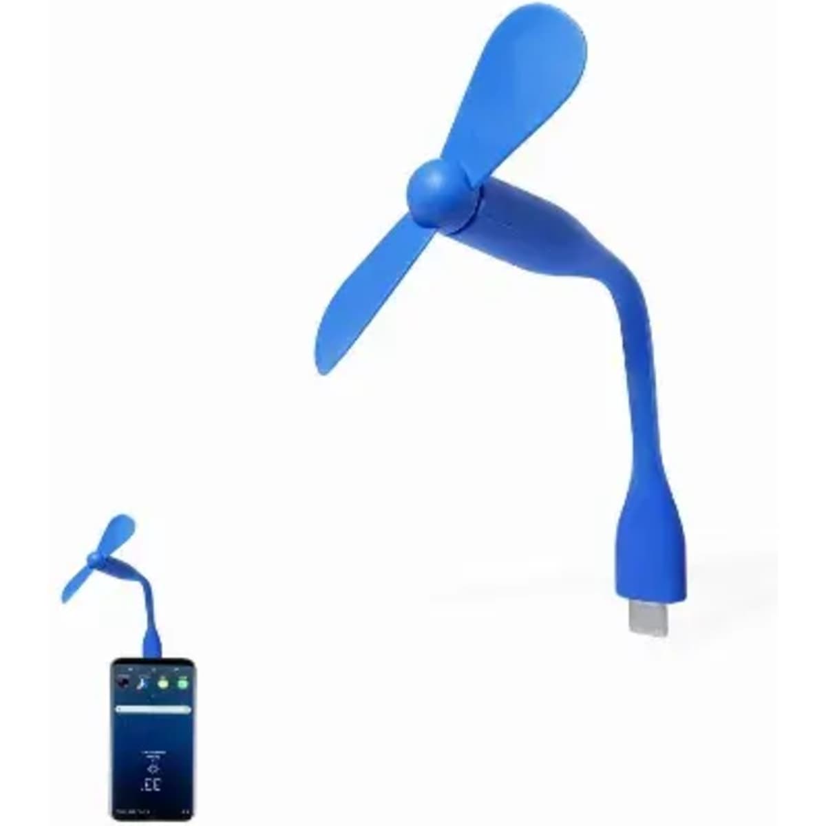 A blue USB fan with a flexible neck and three blades, alongside a power source with indicator lights.