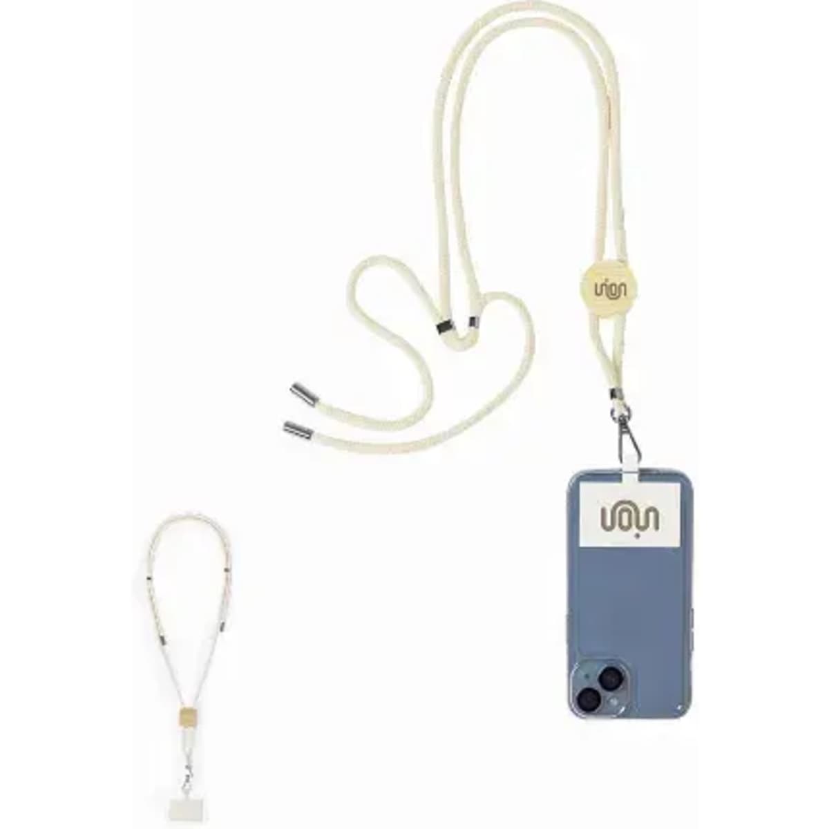 A phone case with a lanyard attachment in cream and blue. The case features a logo and is designed for convenience.
