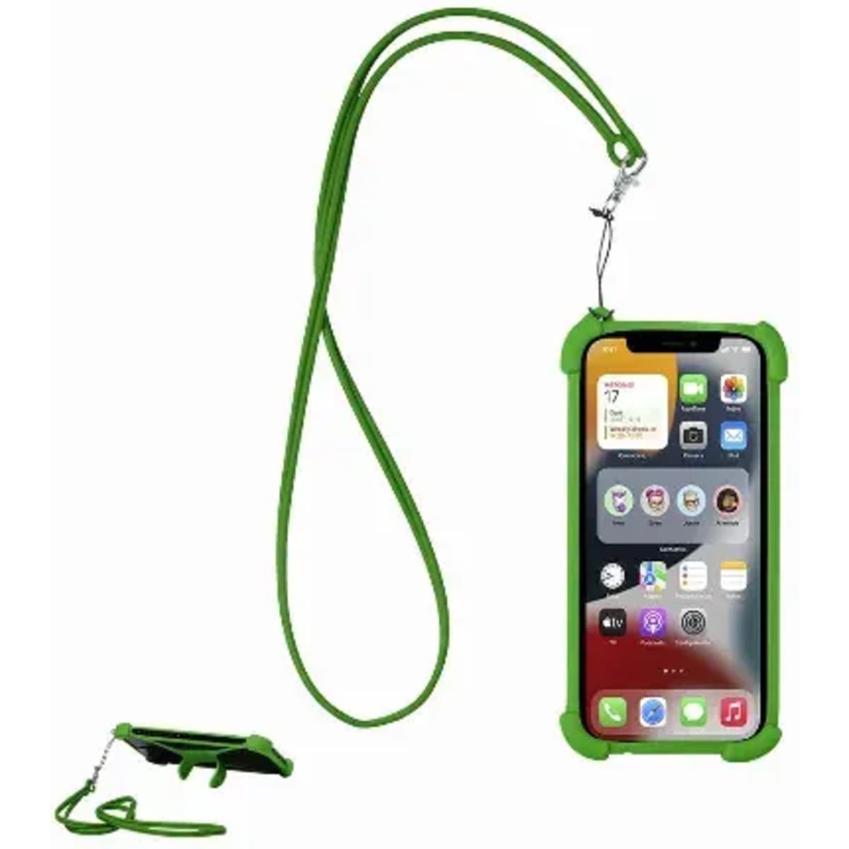 A phone case with a green strap, designed to hold a mobile device securely and conveniently.