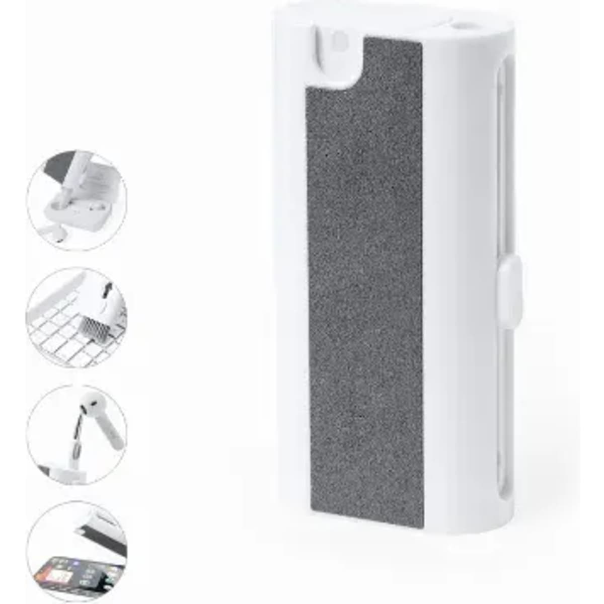 A white phone case with a textured black panel. It has a logo and features clips for added functionality.
