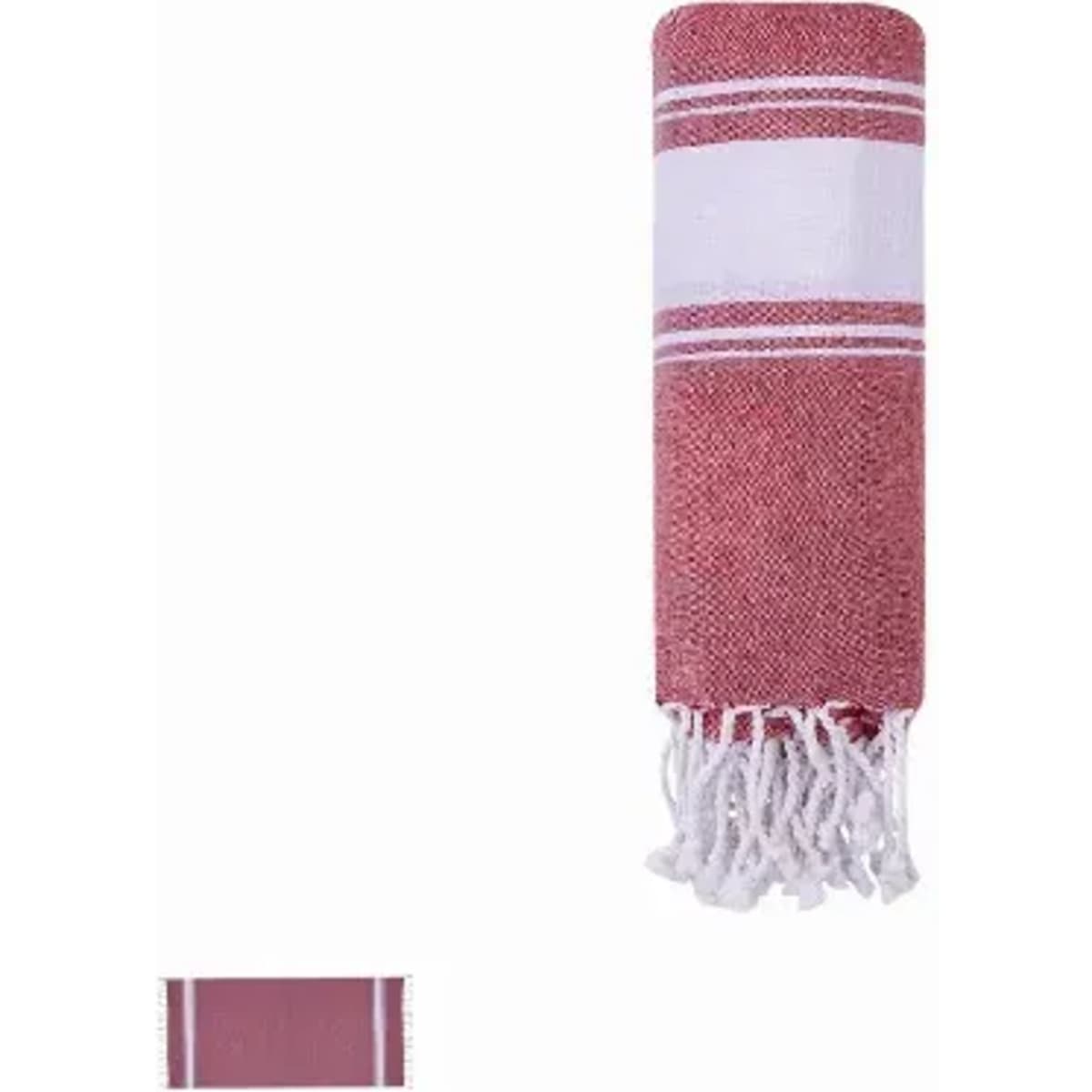 A rolled-up red and white striped towel with fringes at one end and a plain white band in the centre.
