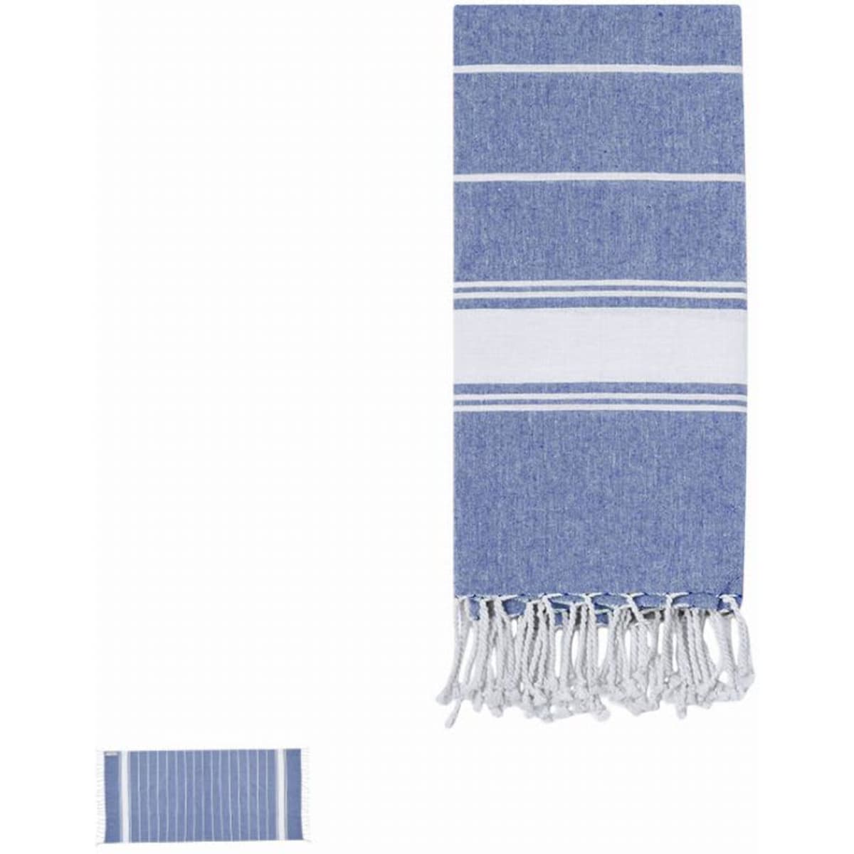 A blue and white striped towel with fringe edges; features a logo on the towel.