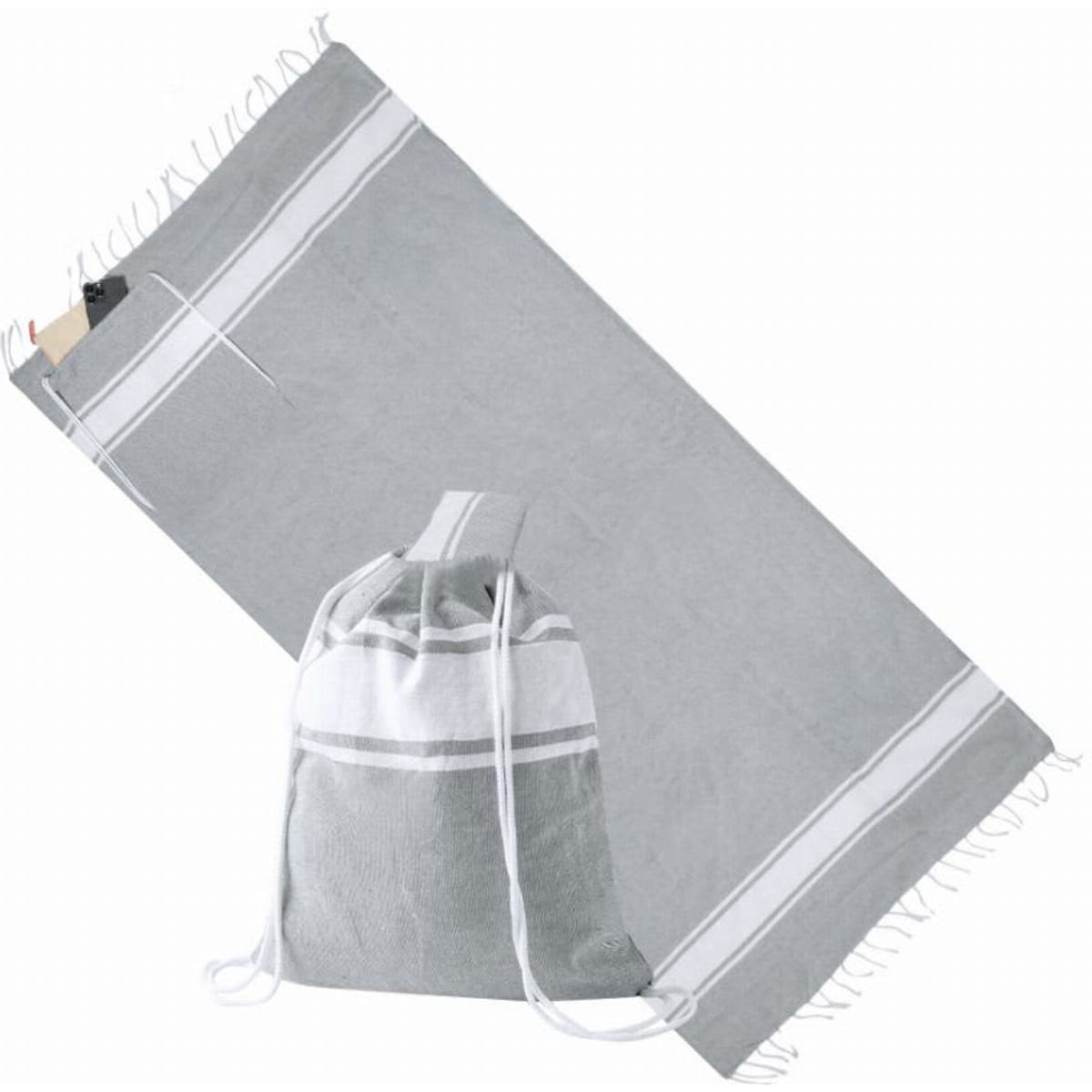 A grey towel with white stripes laid out alongside a matching drawstring bag. The towel features fringing on one edge.
