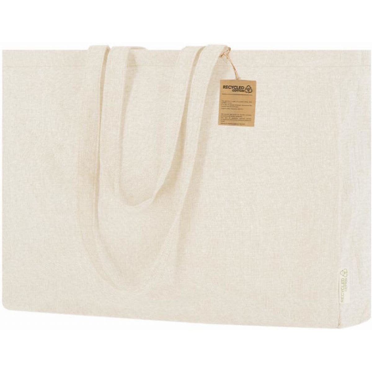 A tote bag in a natural beige colour with two handles and a tag. It features a simple, minimalist design.