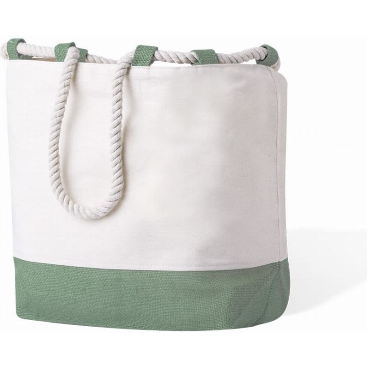 A tote bag in white and green, featuring a rope handle and a sturdy base. It has a simple, minimalist design.