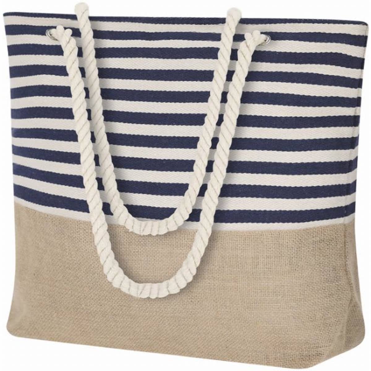 A bag featuring navy and white stripes on the top half and a natural jute bottom, with rope handles.