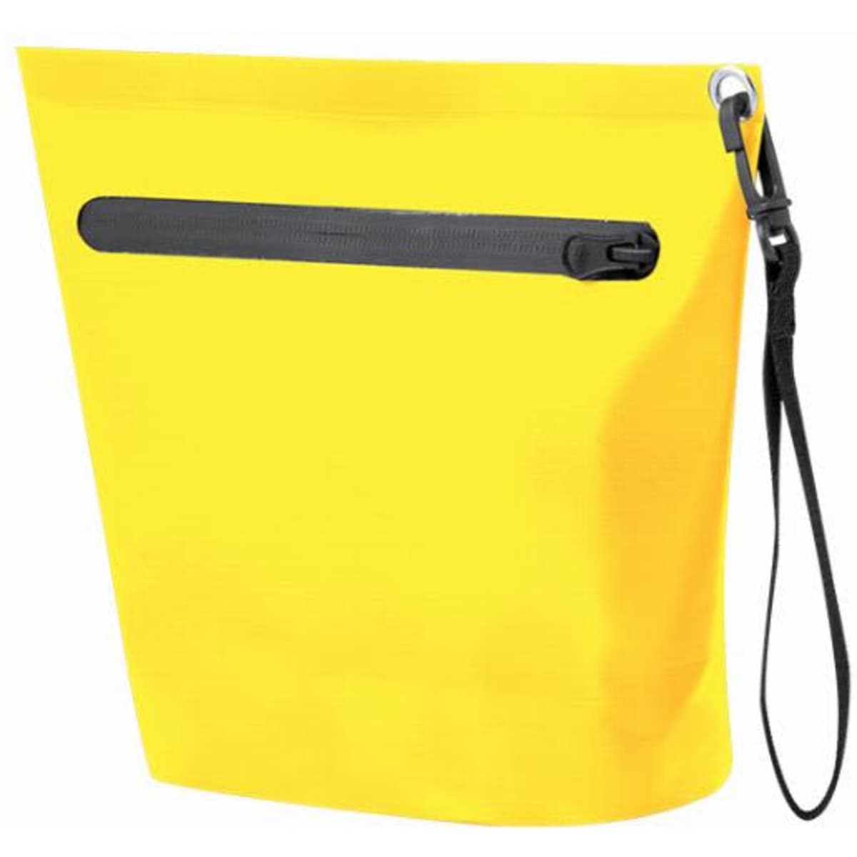A yellow waterproof bag with a black zipper and strap, featuring a sleek and minimalist design.