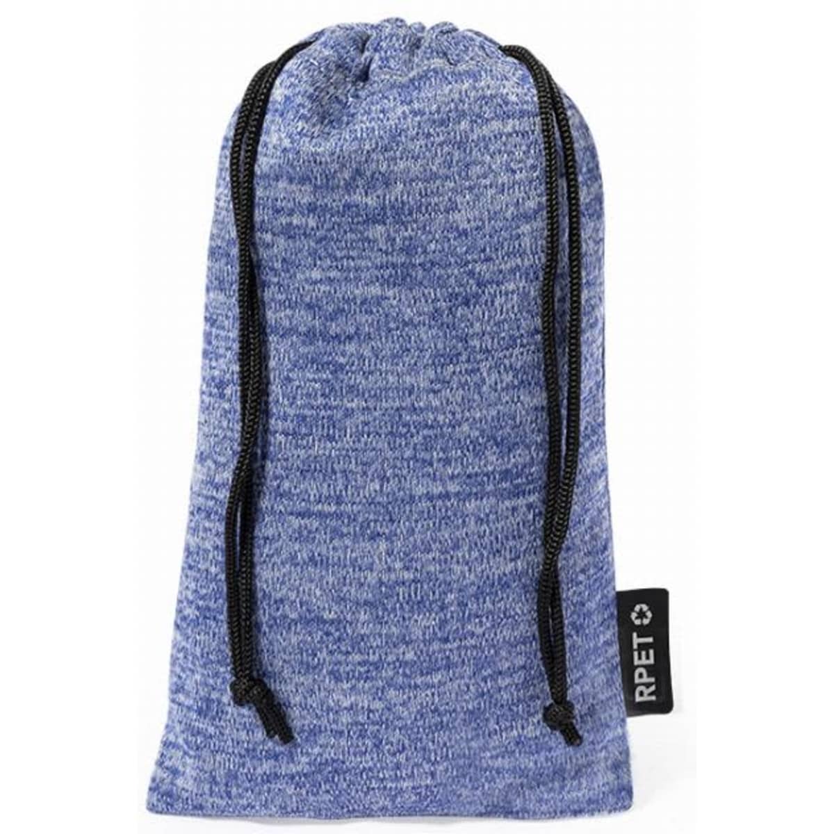 A drawstring bag in a blue speckled fabric, featuring a black tag. Suitable for various uses.