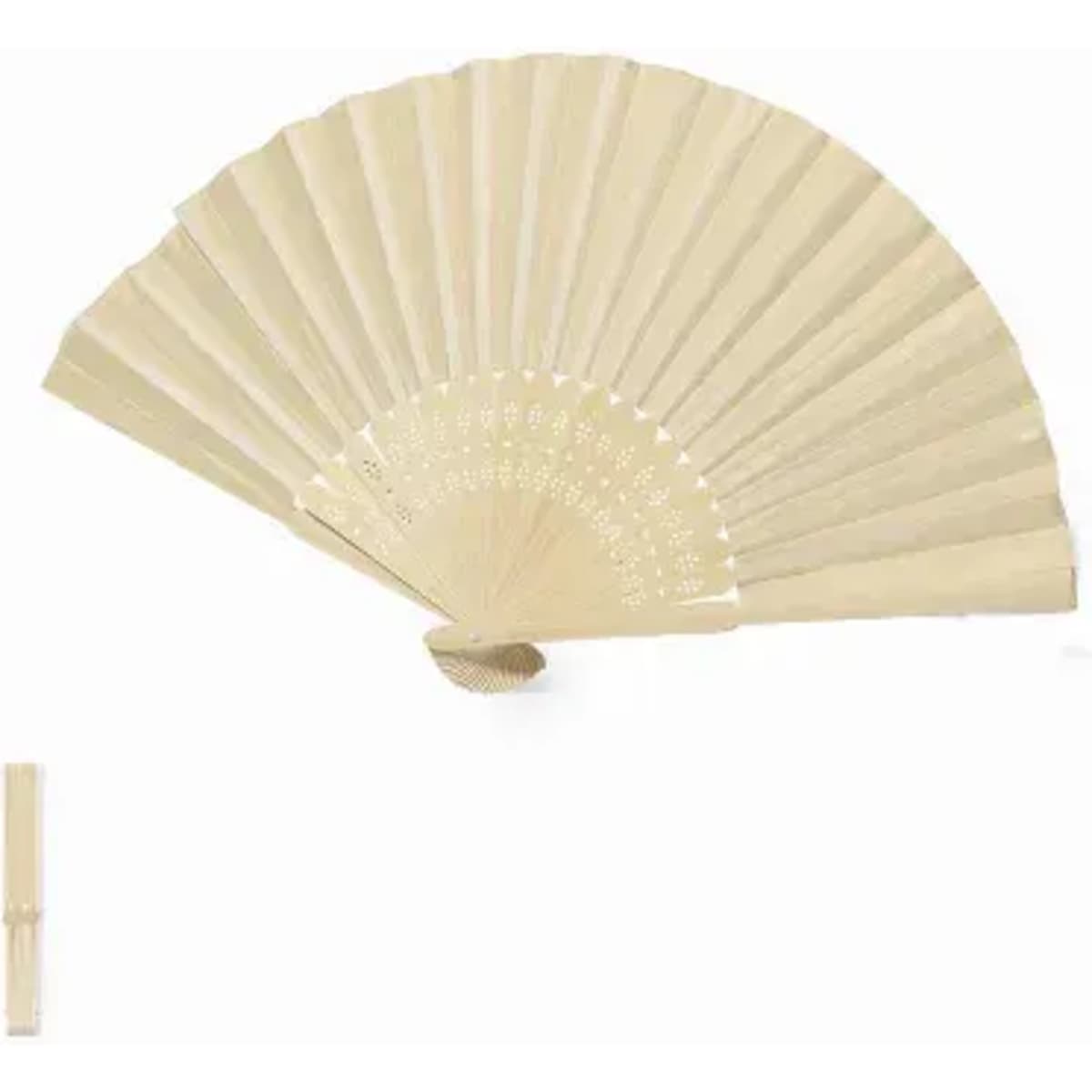 A decorative folding fan in light beige with a simple design, accompanied by a matching holder.