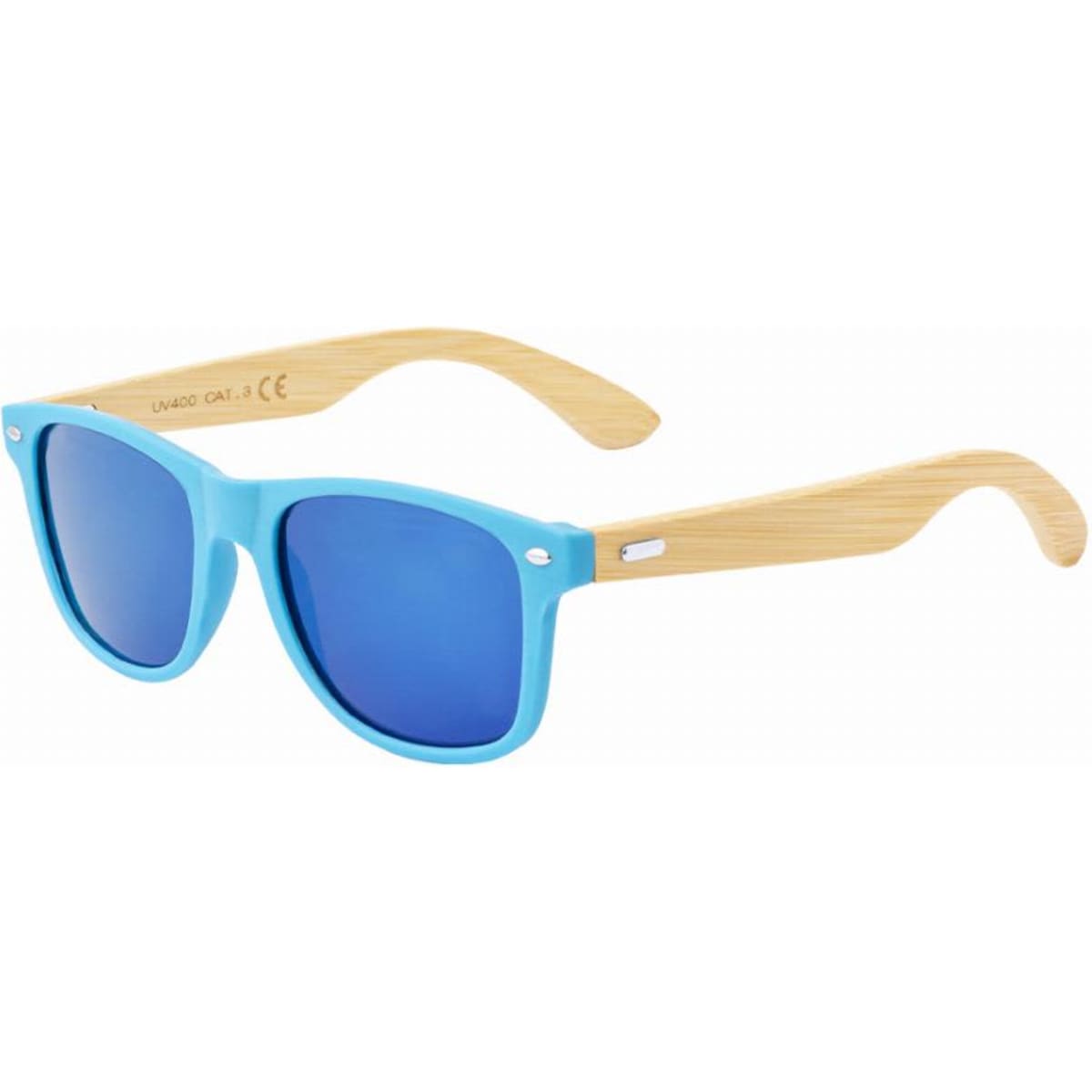 A pair of sunglasses with a light blue frame and bamboo arms, featuring blue-tinted lenses and a logo.