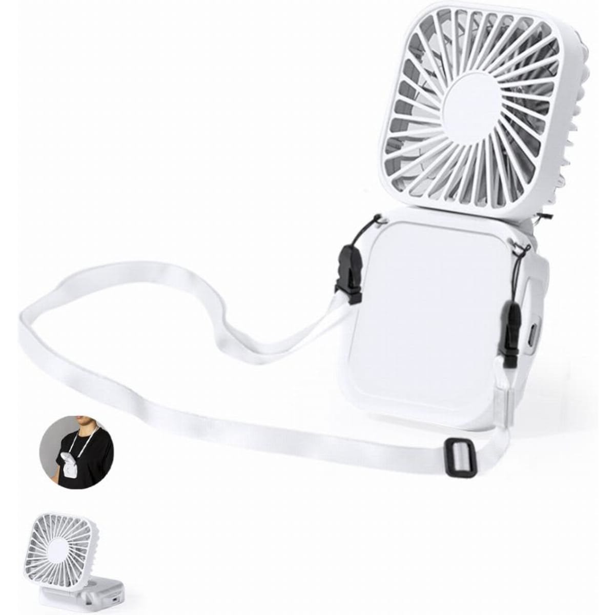 A portable white fan with a strap, featuring a compact design and a front grille for airflow.