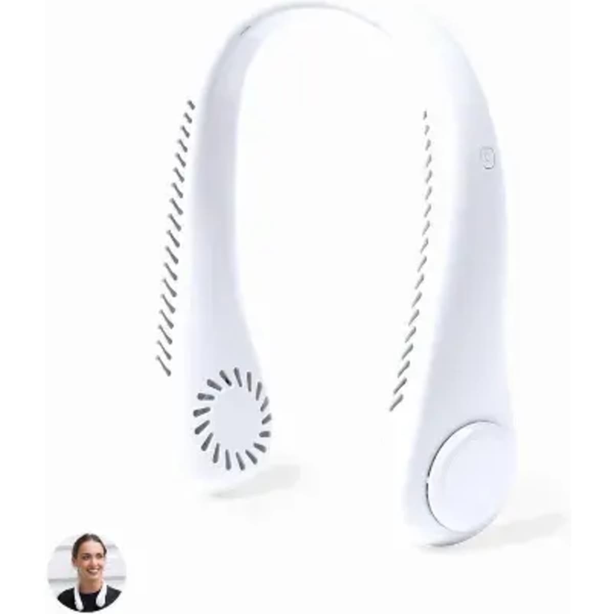 A wearable neck fan in white, featuring two circular fan blades and a control button. It has a sleek, modern design.