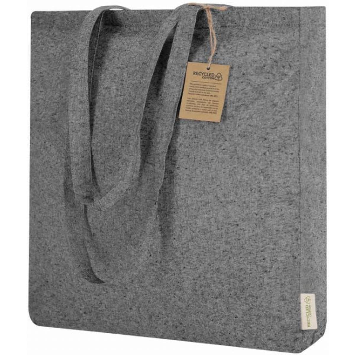 A grey tote bag with long handles and a tag attached, featuring a textured fabric design.