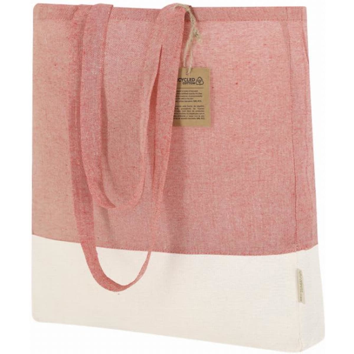 A tote bag featuring a pink and white design with a textured fabric and long handles. It has a branding label attached.